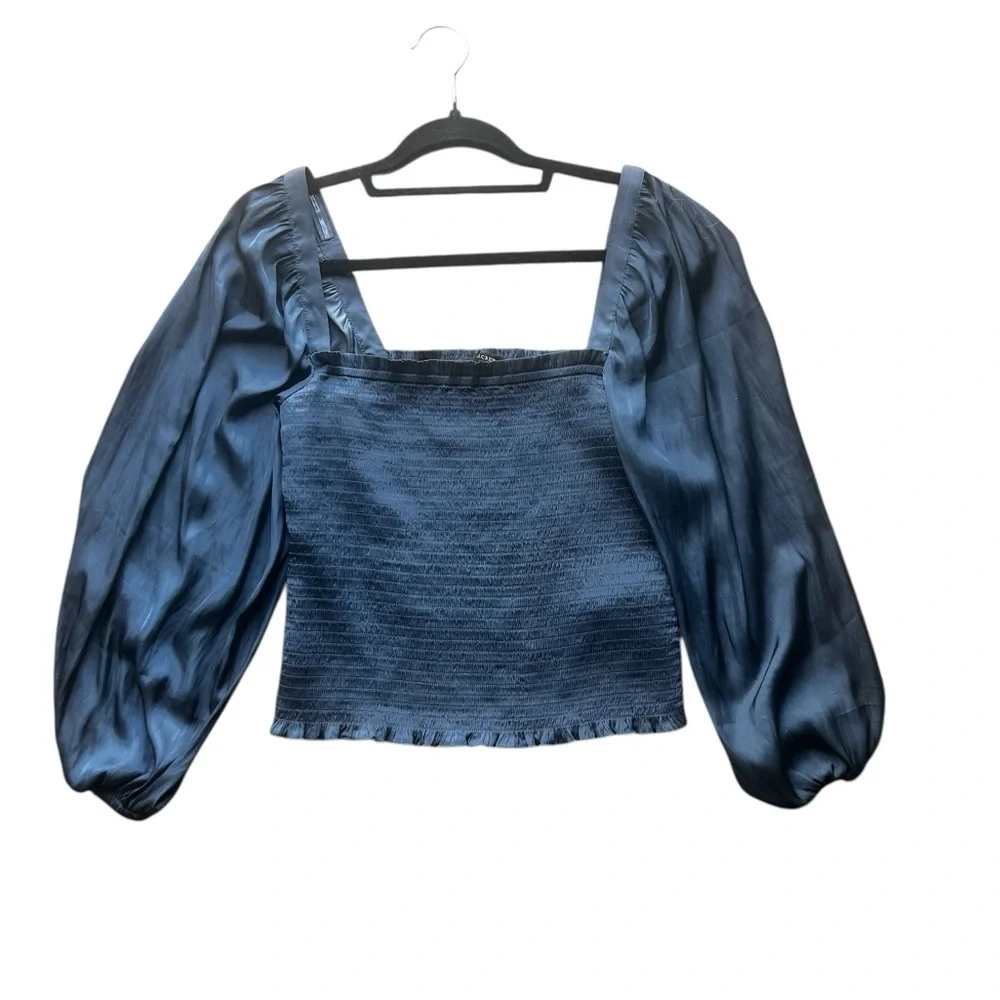 J. Crew Blue Puff silky Sleeve Blouse top ruched mid cropped bohemian size small